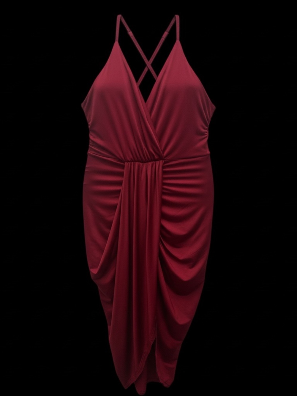 LYANER Burgundy Ruched Wrap Midi Dress | Criss-Cross Back & Tulip Hem